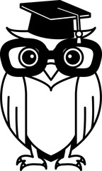 isolate black and white illustration of Owl with glasses and graduation cap