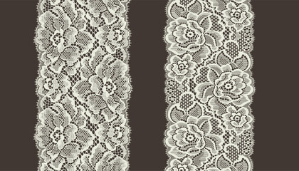 Lace trim featuring two large flowers and small flowers arranged in a criss-cross pattern