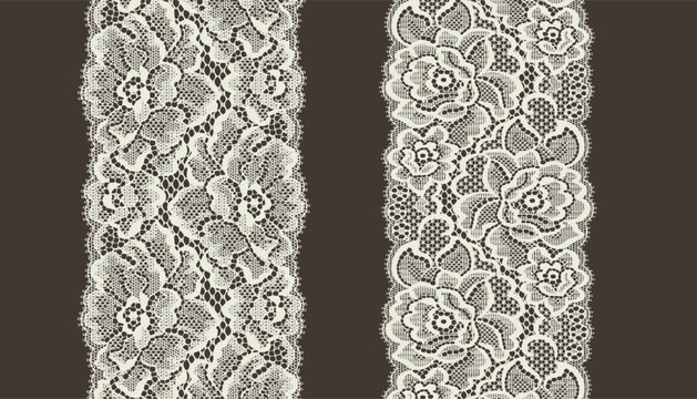 Lace trim featuring two large flowers and small flowers arranged in a criss-cross pattern