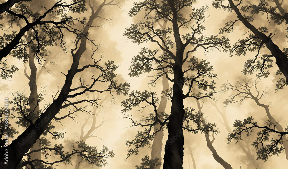 Poster misty forest with towering trees reaching towards a bright sky. looking up through the canopy, an et