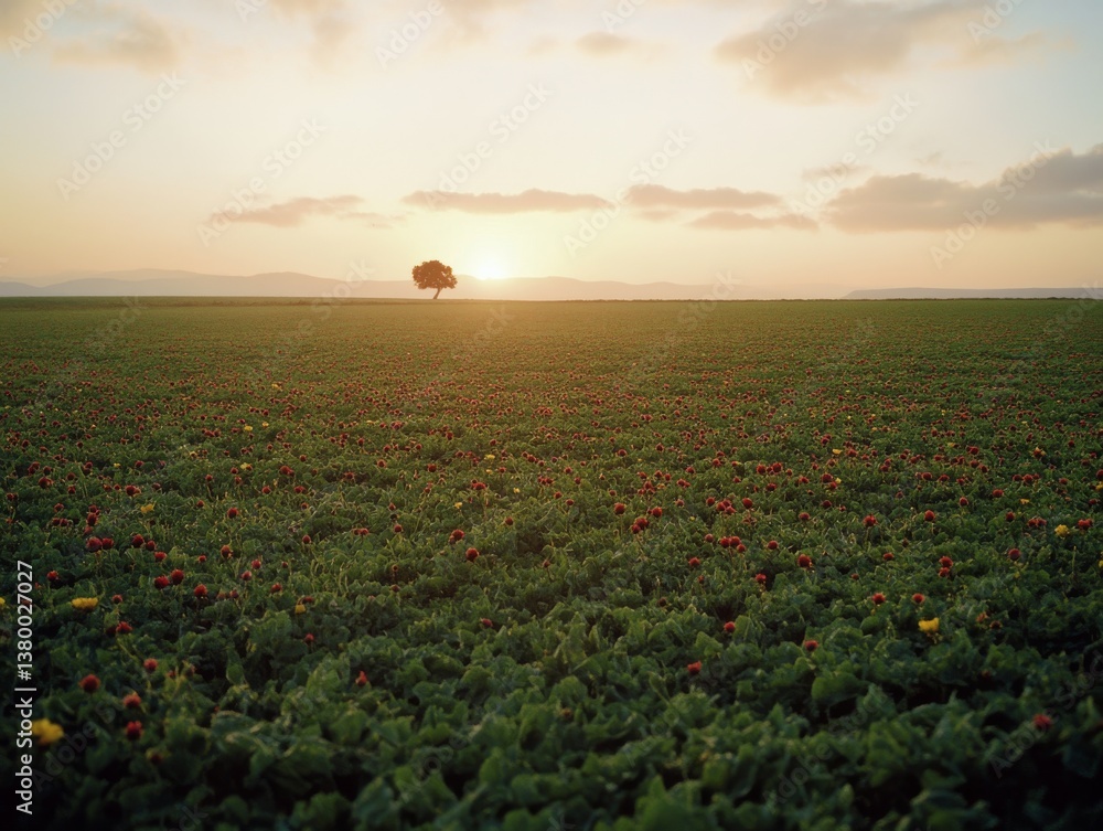 Aufkleber a wide-angle view captures a lush green field filled with red and yellow wildflowers under a partly 