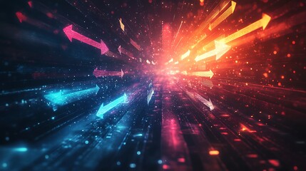 Data chart turning into flying arrows symbolizing growth, branded icons like LinkedIn, Facebook, and YouTube trailing behind, dynamic composition, radial background light,