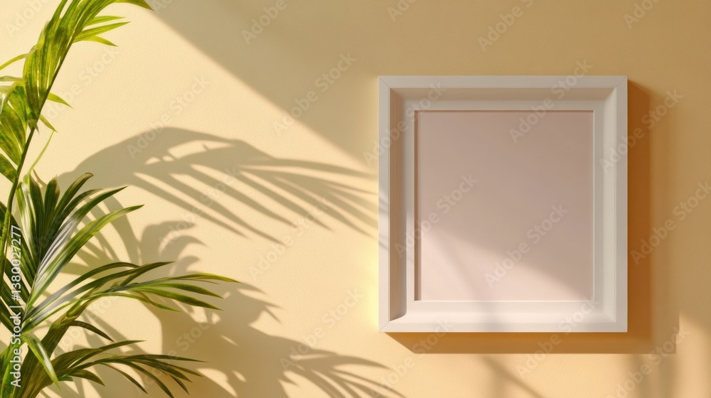 Aufkleber empty white frame on a pastel wall with plant shadows creating a serene and inviting atmosphere