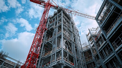 The Tall Building Frame Rises Up With The Big Crane Present