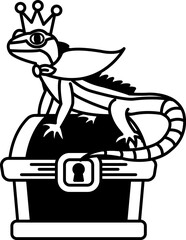 isolate black and white illustration of Lizard in a crown standing on a treasure chest