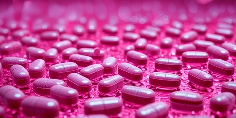 Pink Pills on Pink Background Medical Pharmacy Healthcare.