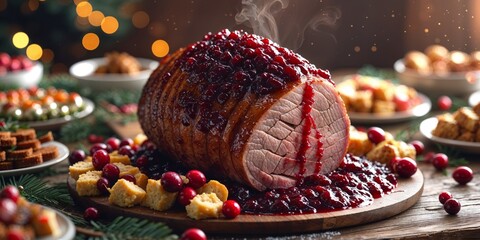 Roasted Pork with Cranberry Sauce and Festive Appetizers on Wooden Table