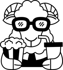 isolate black and white illustration of Sheep wearing 3D glasses and holding popcorn and a soda