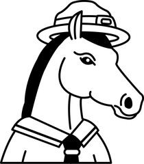 isolate black and white illustration of Horse in a scout uniform