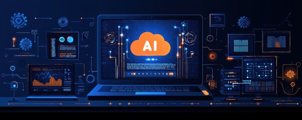 Artificial intelligence and data processing concept with laptop and digital elements