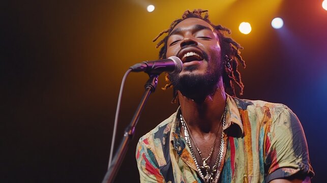 Man singing, performing on stage under colorful lights, in a concert setting