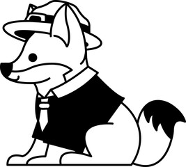 isolate black and white illustration of Shiba Inu in Scouting Outfit