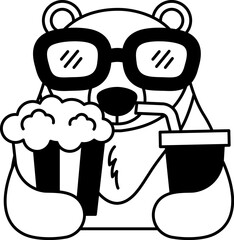 isolate black and white illustration of Bear with 3D glasses holding popcorn and soda