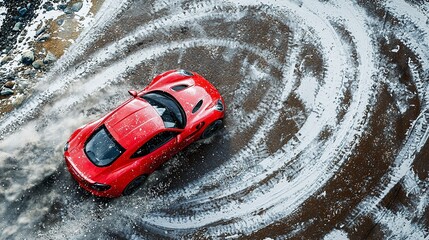 A red sports car driving and drifting on a snowy surface