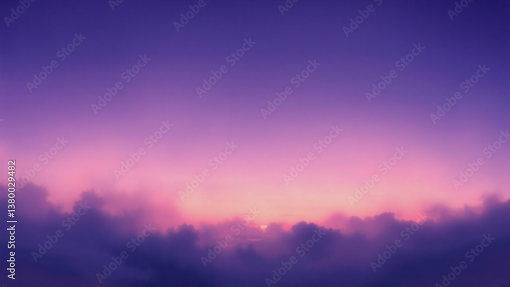 Poster gradient sky from deep purple to pink with orange horizon glow. clouds line bottom edge, suggesting 