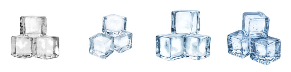 A collection of transparent frozen water cubes in various sizes and arrangements