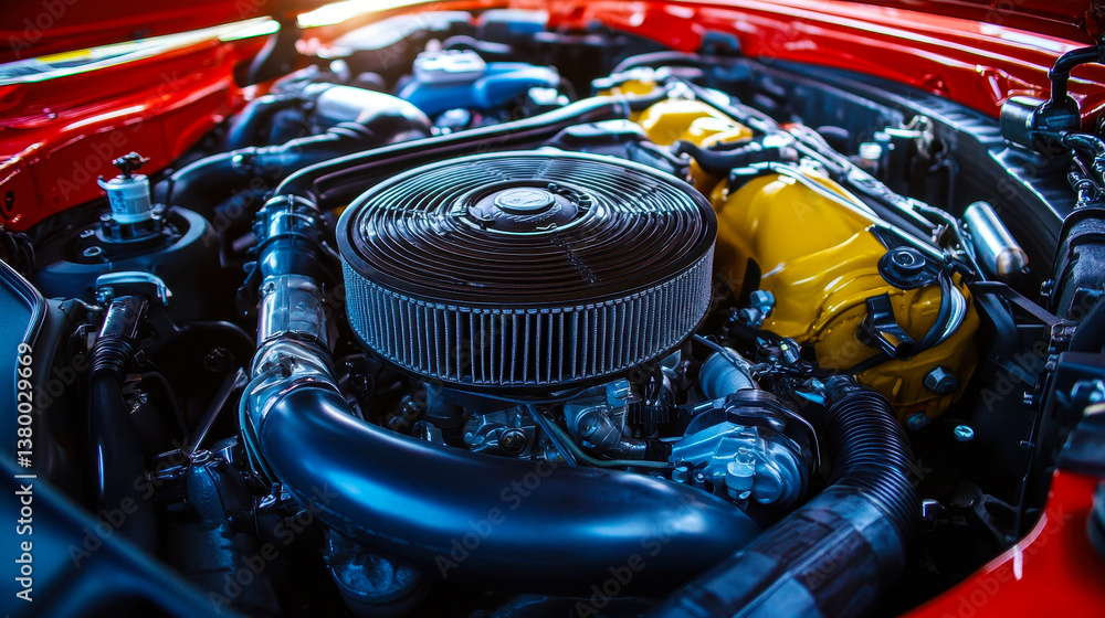Poster close-up of red engine with black air intake filter and mechanical components