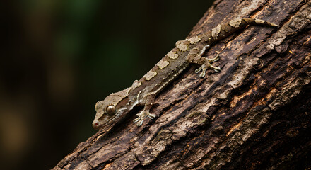 Obraz premium The Enigmatic Leaf-Tailed Gecko Camouflaged on a Tree Trunk