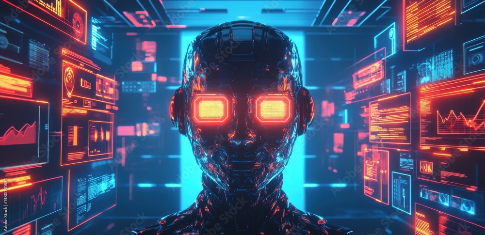 Poster futuristic robot with glowing red eyes surrounded by digital data interfaces