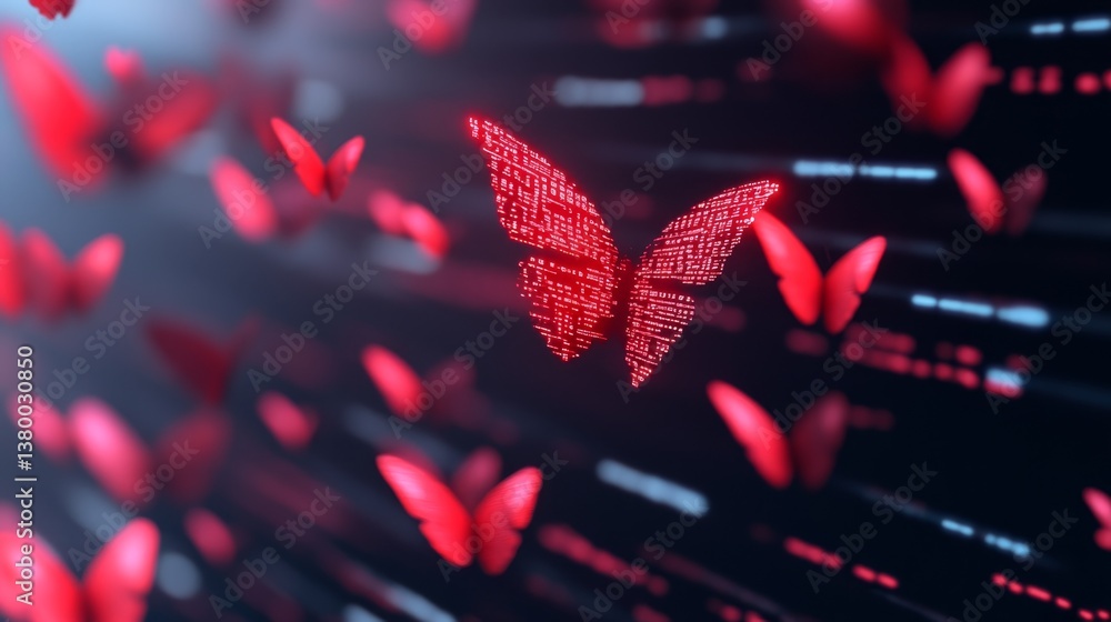 Poster floating red butterflies create a mesmerizing digital display in a dark space, evoking a sense of wo
