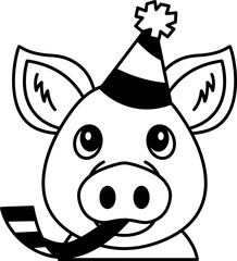 isolate black and white illustration of Pig in a party hat