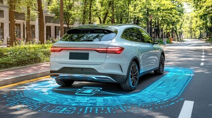 A modern white car demonstrates wireless charging on an urban street