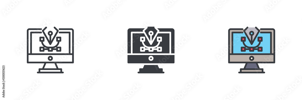 Poster computer monitor displaying a pen tool different style icon set
