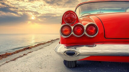 Classic red car near the beach during a golden sunset