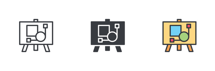 Easel with a display board showing geometric shapes different style icon set