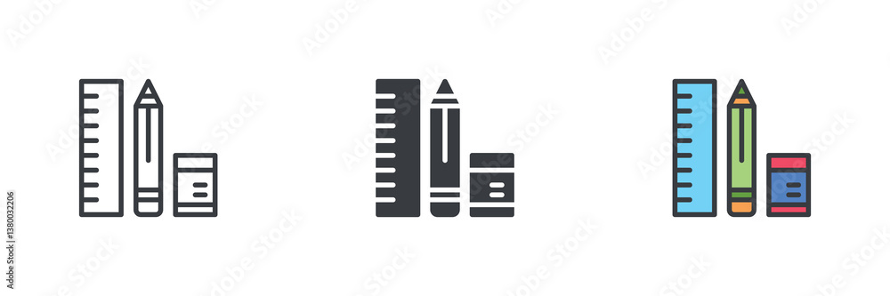 Poster ruler, pencil and eraser different style icon set