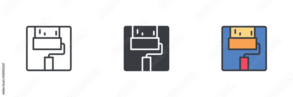 Poster Paint roller applying color different style icon set