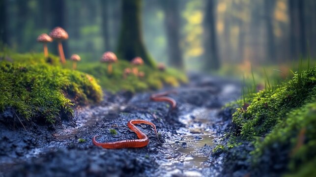 Mushrooms and redworm on a muddy forest path, mossy ground.