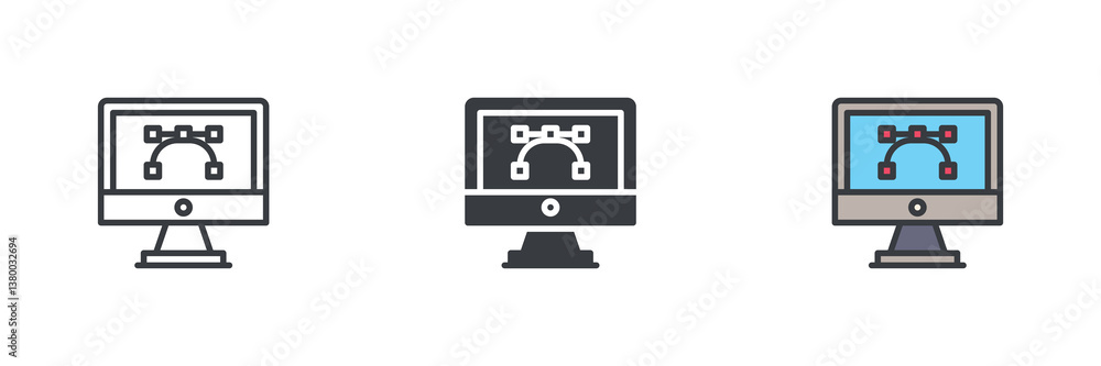 Poster Computer monitor displaying a pen tool or vector point different style icon set