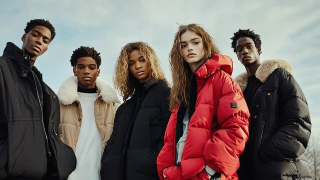 A diverse group of models in oversized jackets, posing for an urban fashion editorial.
