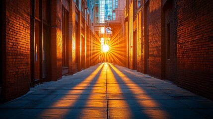 Bright sunlight illuminating a brick lined alleyway towards its end