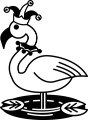 isolate black and white illustration of Flamingo with clown hat