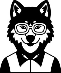 isolate black and white illustration of Wolf wearing glasses and a blue shirt