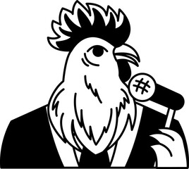 isolate black and white illustration of Chicken in a suit and holding a microphone