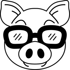 isolate black and white illustration of Pig wearing 3D glasses