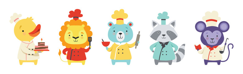 Cute Animal Chef Characters in Uniform Cooking Tasty Dish Vector Set