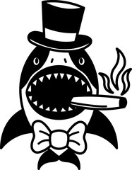 isolate black and white illustration of Shark wearing bow tie and smoking cigar