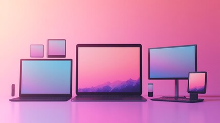 Illustration of floating ad formats increasing in size—phone, tablet, laptop, TV, billboard—with sleek branded visuals, gradient backdrop, smooth shadows, Created Using: modern minimalist aesthetic,