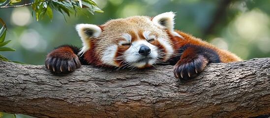 A red panda resting on a tree branch during the day