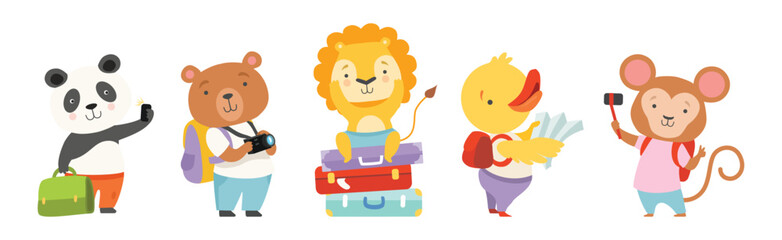 Funny Animal Tourist or Travelers with Bag Vector Set