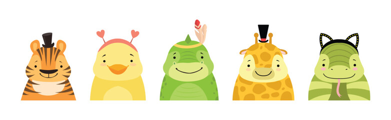 Funny Animal Faces and Heads Wearing Different Accessory Vector Set