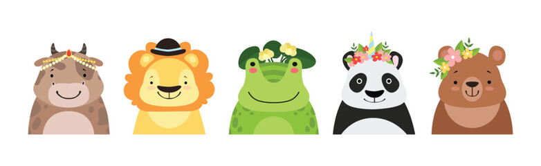 Funny Animal Faces and Heads Wearing Different Accessory Vector Set