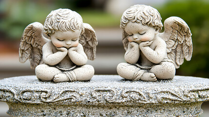 Two Small Stone Cherub Figurines Praying in Garden Setting
