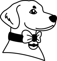 isolate black and white illustration of Dog wearing collar and bow tie