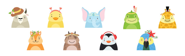Funny Animal Faces and Heads Wearing Different Accessory Vector Set