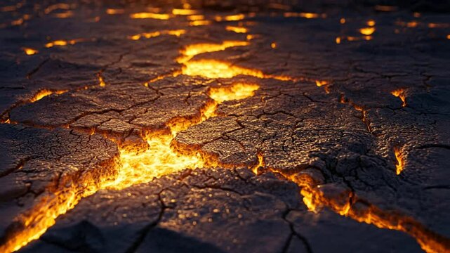 Fiery Earth's Embrace: Capturing the raw power of the earth as molten lava erupts through cracked, scorched earth. A stark reminder of nature's volatile beauty.